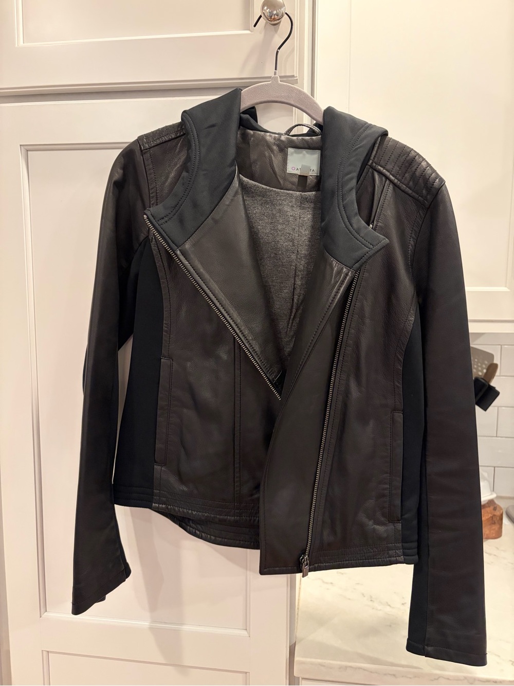 Athleta Women's Black Leather Hooded Moto Jacket